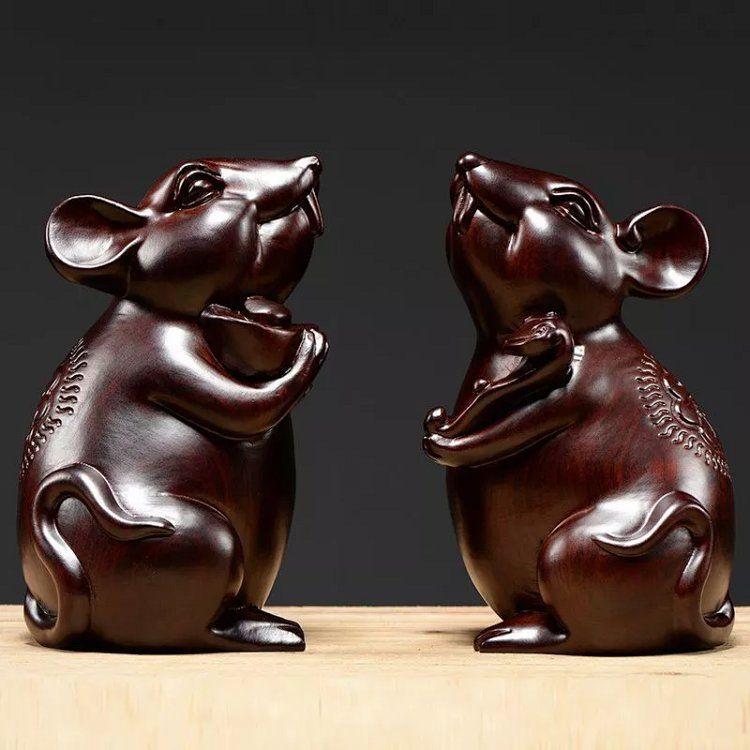 Lucky Mouse, Ebony Wood Carved rat Ornament Zodiac Animal Wooden Mouse Sculpture Home decoration Ganesha follower