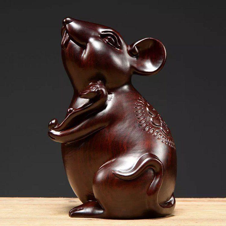 Lucky Mouse, Ebony Wood Carved rat Ornament Zodiac Animal Wooden Mouse Sculpture Home decoration Ganesha follower