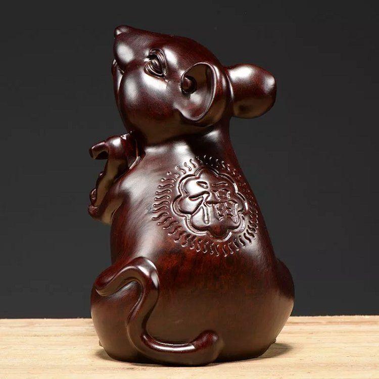 Lucky Mouse, Ebony Wood Carved rat Ornament Zodiac Animal Wooden Mouse Sculpture Home decoration Ganesha follower