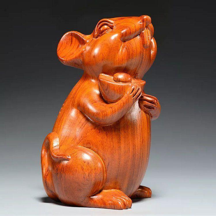 Lucky Mouse, Ebony Wood Carved rat Ornament Zodiac Animal Wooden Mouse Sculpture Home decoration Ganesha follower