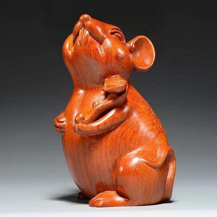 Lucky Mouse, Ebony Wood Carved rat Ornament Zodiac Animal Wooden Mouse Sculpture Home decoration Ganesha follower