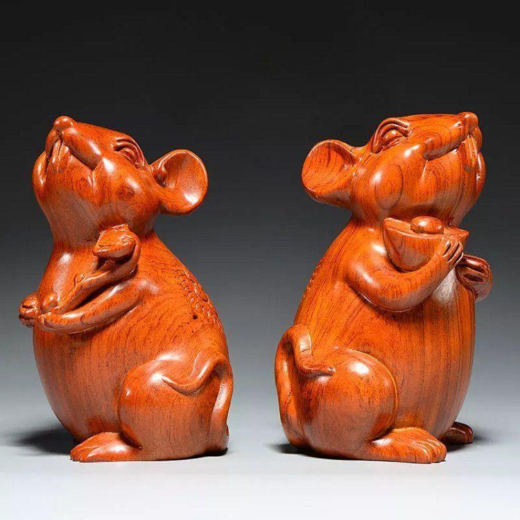 Lucky Mouse, Ebony Wood Carved rat Ornament Zodiac Animal Wooden Mouse Sculpture Home decoration Ganesha follower