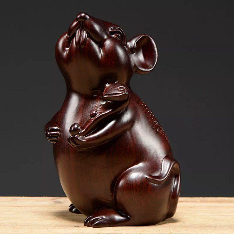 Lucky Mouse, Ebony Wood Carved rat Ornament Zodiac Animal Wooden Mouse Sculpture Home decoration Ganesha follower