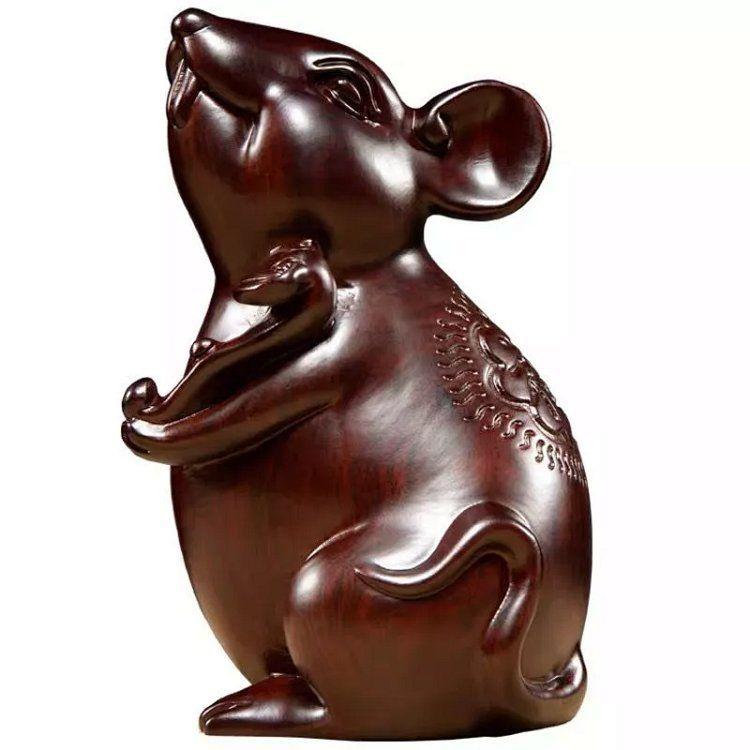 Lucky Mouse, Ebony Wood Carved rat Ornament Zodiac Animal Wooden Mouse Sculpture Home decoration Ganesha follower